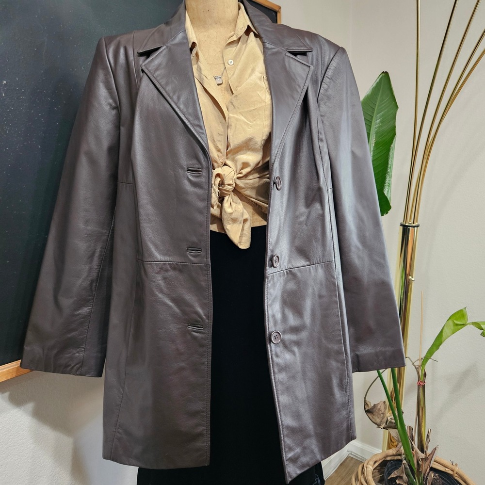 Vtg 90s Preston & York Brown Genuine Leather Blazer Jacket Longline 3-Button W L